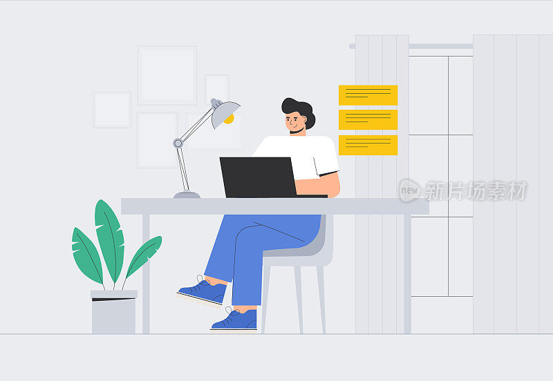 Young man is sitting at a laptop in a cozy room and chatting on social networks, a lamp and a plant on the table. Vector illustration in flat style.